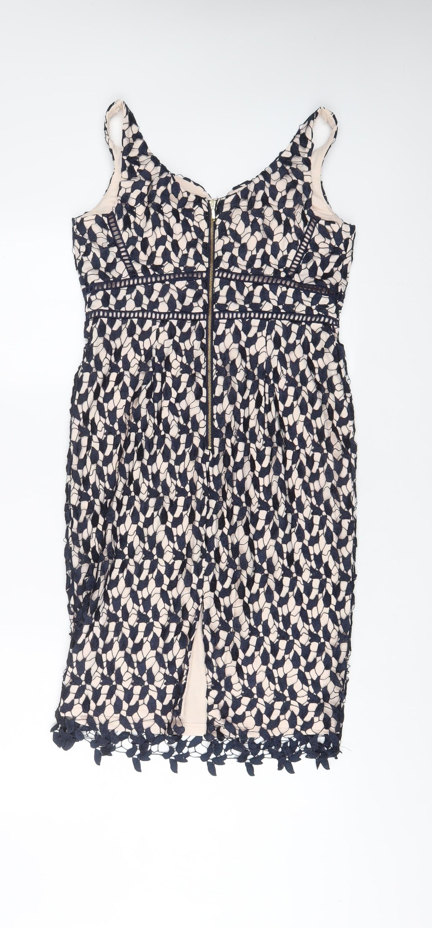 Coast Womens Beige Geometric Polyamide Sheath Size 10 V-Neck Zip - Embroidered