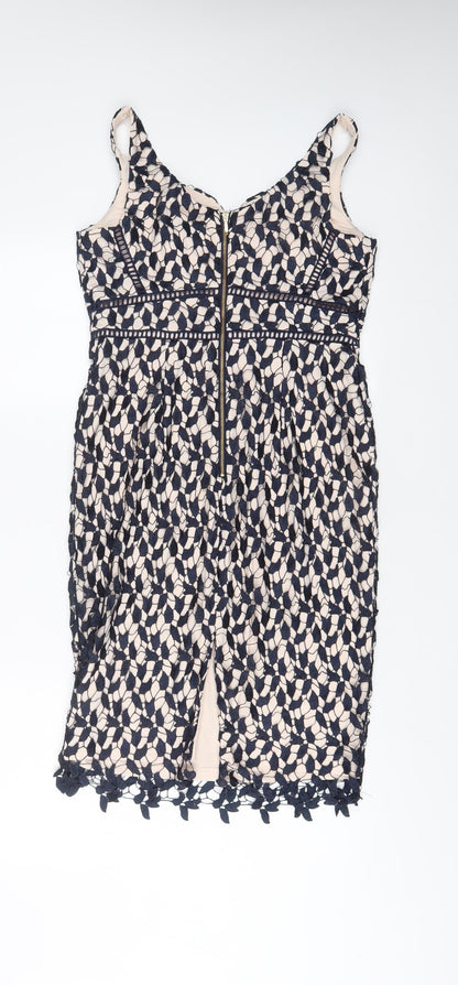 Coast Womens Beige Geometric Polyamide Sheath Size 10 V-Neck Zip - Embroidered