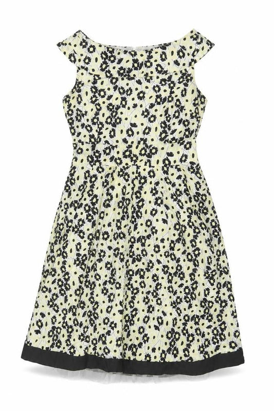 Front view of Principles women’s yellow floral cotton fit & flare, size UK 10, boat neck zip
