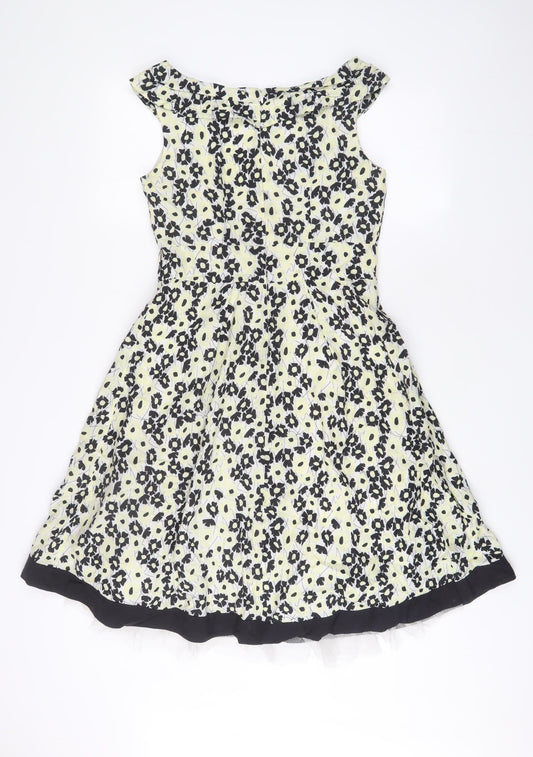 Principles Womens Yellow Floral Cotton Fit & Flare Size 10 Boat Neck Zip