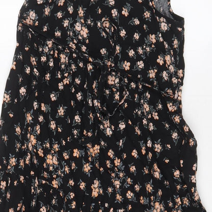New Look Womens Black Floral Viscose A-Line Size 6 V-Neck Pullover - Belted