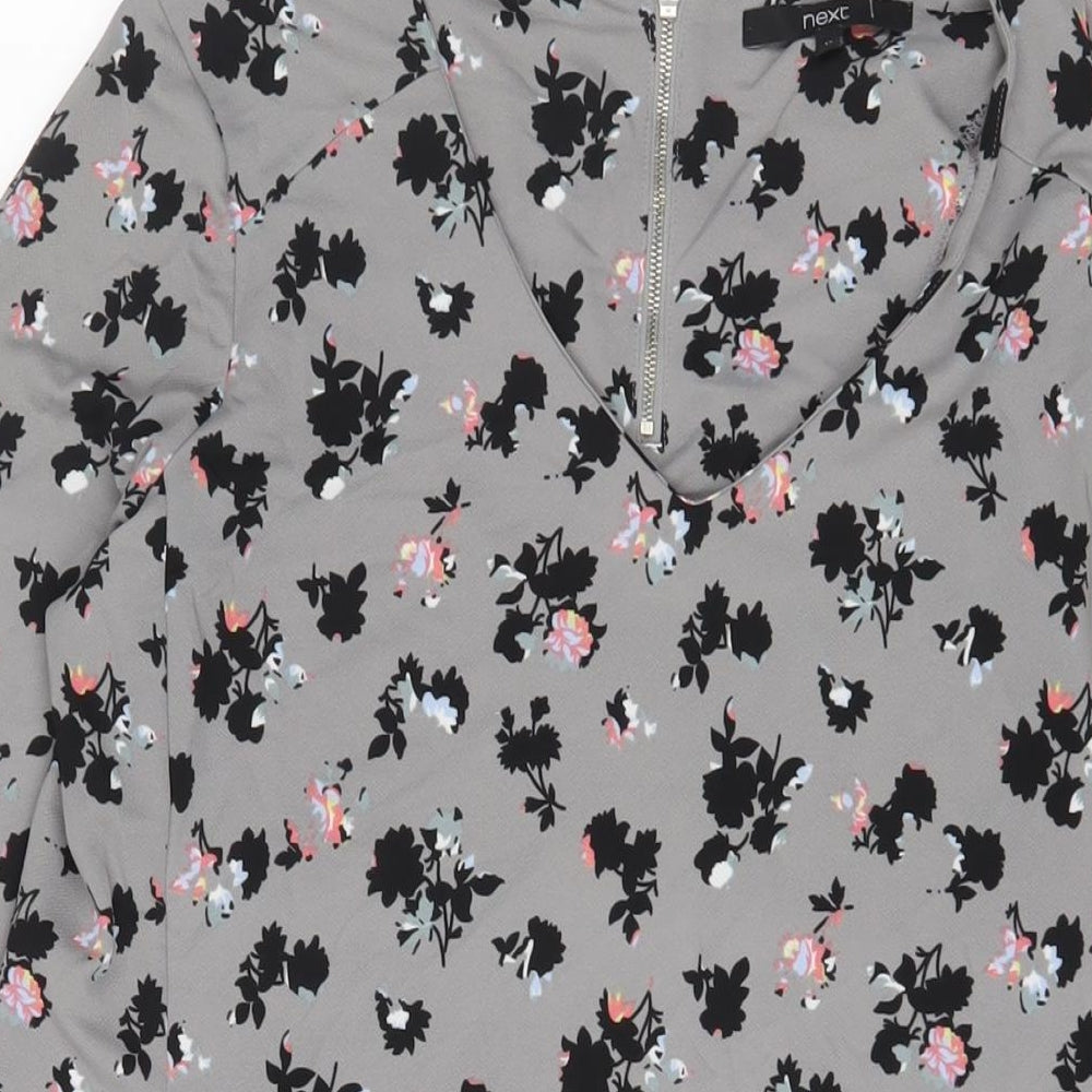 NEXT Womens Grey Floral Viscose A-Line Size 12 V-Neck Zip