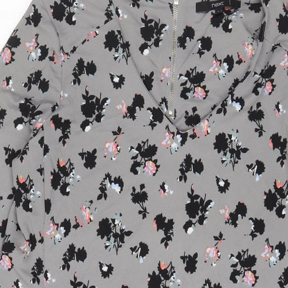 NEXT Womens Grey Floral Viscose A-Line Size 12 V-Neck Zip