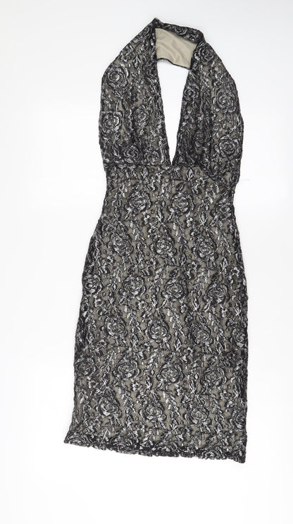 Love Womens Grey Floral Polyester A-Line Size S Halter Button