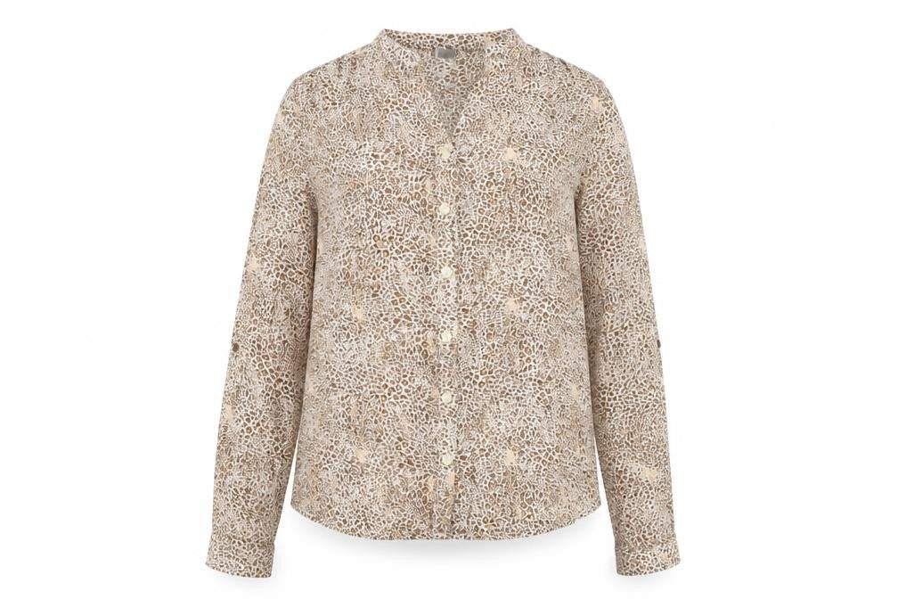 Front view of Zara girls’ brown animal print cotton basic button-up, size 11-12, years v-neck button