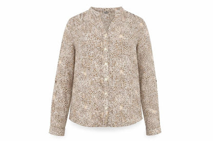 Front view of Zara girls’ brown animal print cotton basic button-up, size 11-12, years v-neck button
