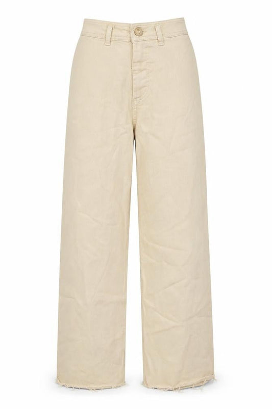 Front view of Denim & Co. women’s beige cotton wide-leg jeans, size UK 4, 28-inch leg regular zip