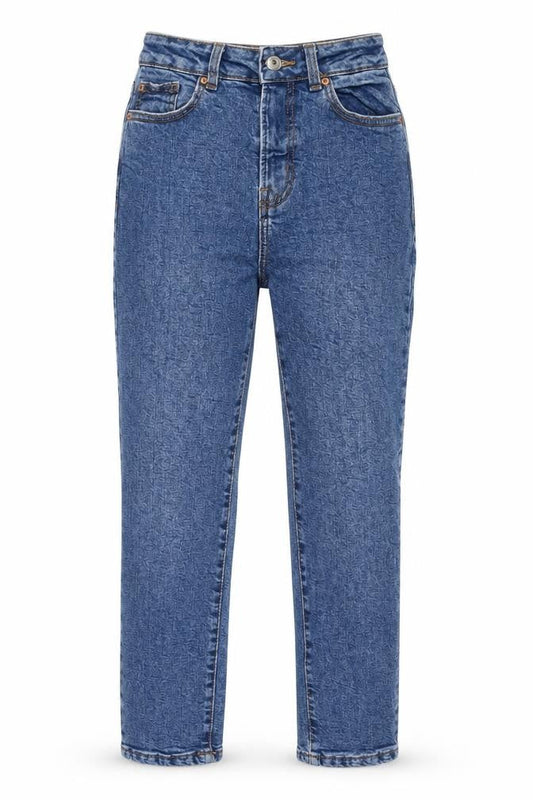 Front view of Denim & Co. women’s blue cotton mom jeans, size UK 4, 26-inch leg regular zip