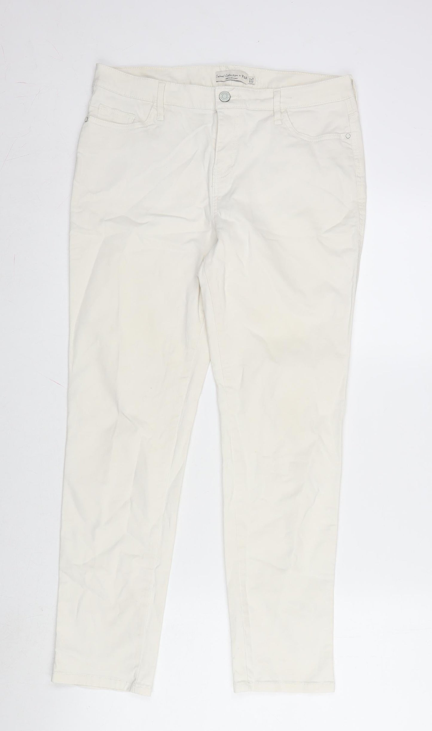 F&F Womens Ivory Cotton Straight Jeans Size 12 L27 in Regular Zip