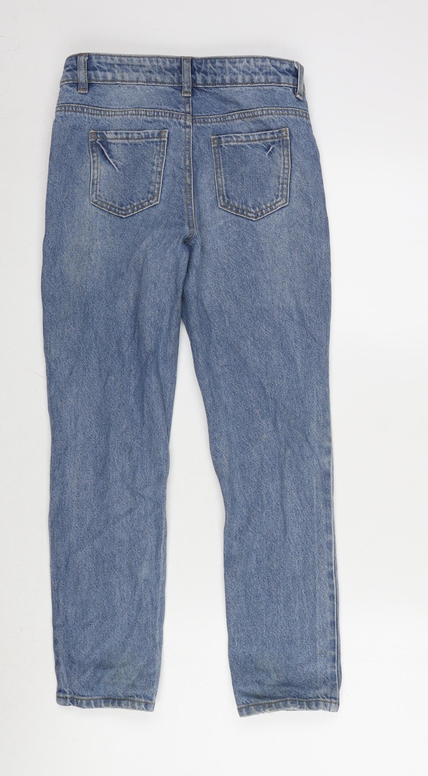Denim & Co. Girls Blue Cotton Straight Jeans Size 9-10 Years L24.5 in Regular Zip - Distressed