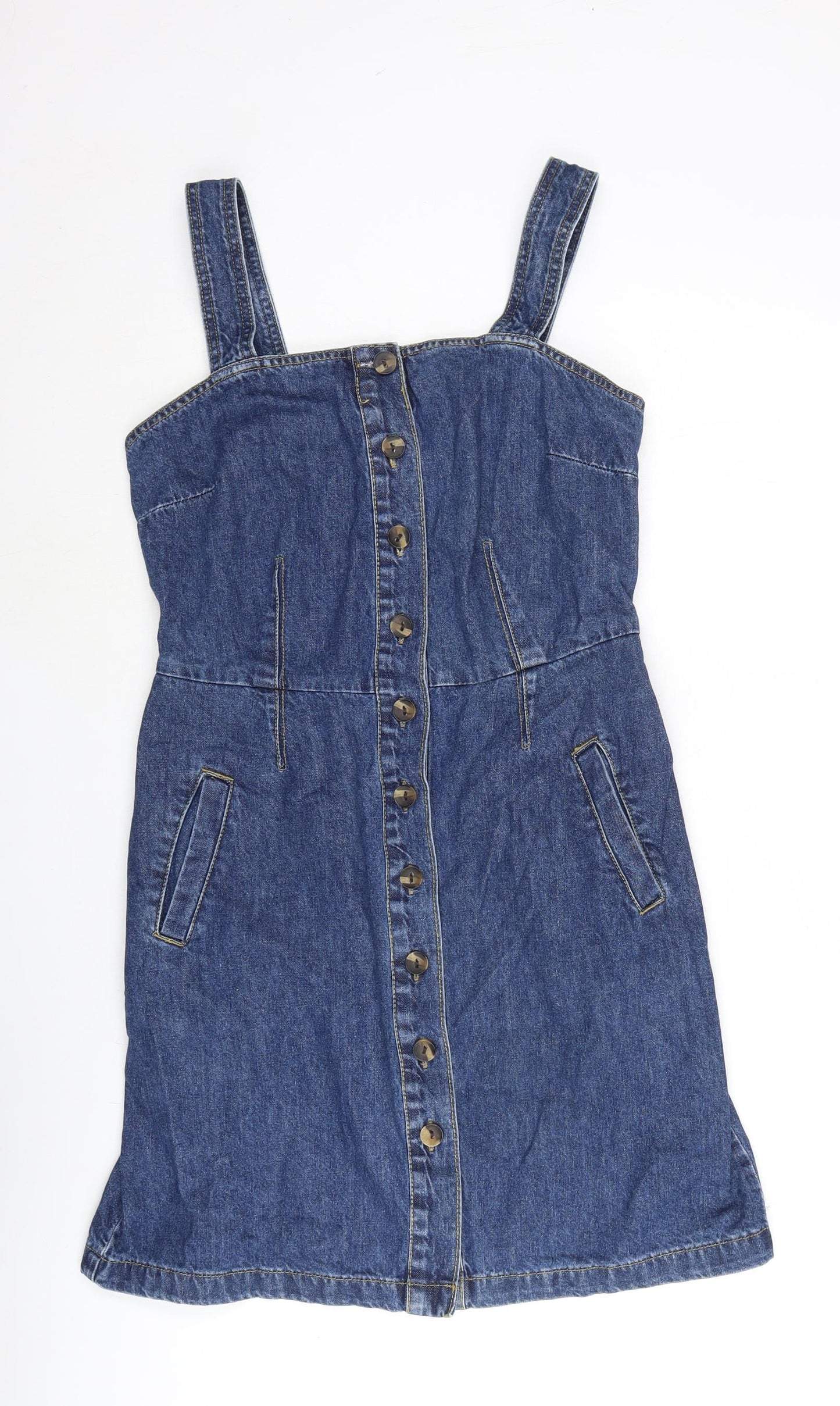 Dorothy Perkins Womens Blue Cotton Shift Size 10 Square Neck Button