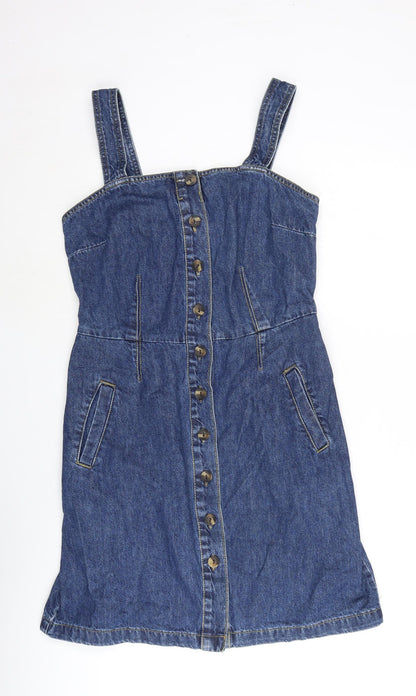 Dorothy Perkins Womens Blue Cotton Shift Size 10 Square Neck Button