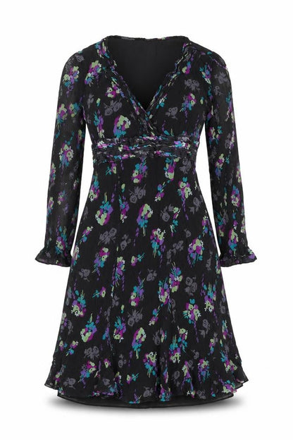 Monsoon Womens Black Floral Silk A-Line Size 14 V-Neck Zip