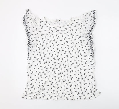Marks and Spencer Womens White Geometric Cotton Basic Blouse Size 14 Scoop Neck