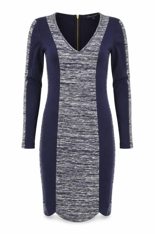 Front view of French Connection women’s blue viscose bodycon, size UK 8, v-neck zip