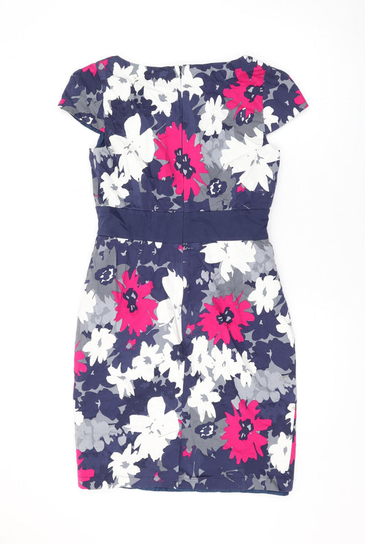 Per Una Womens Blue Floral Cotton A-Line Size 12 Boat Neck Zip