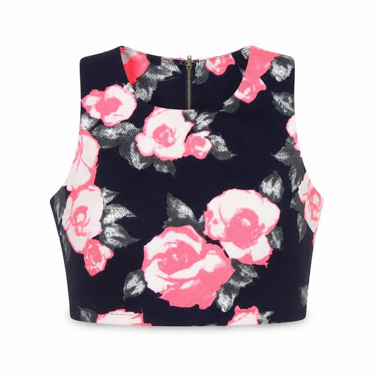 Front view of AX women’s multicoloured floral polyester cropped tank, size UK 14, round neck