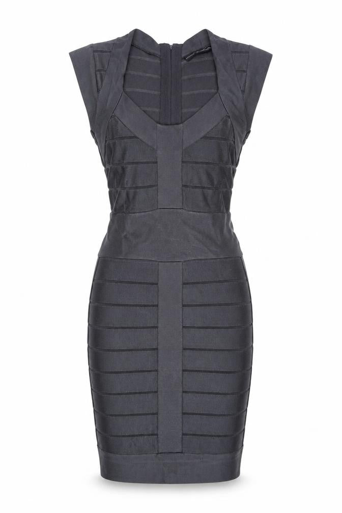 Front view of French Connection women’s grey viscose pencil dress, size UK 10, scoop neck zip