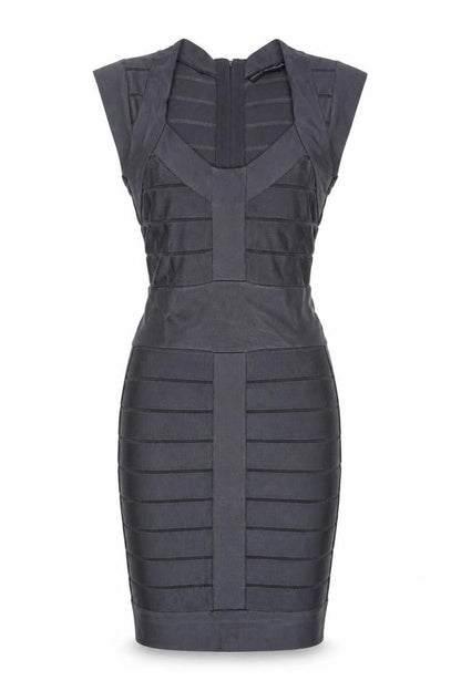 Front view of French Connection women’s grey viscose pencil dress, size UK 10, scoop neck zip