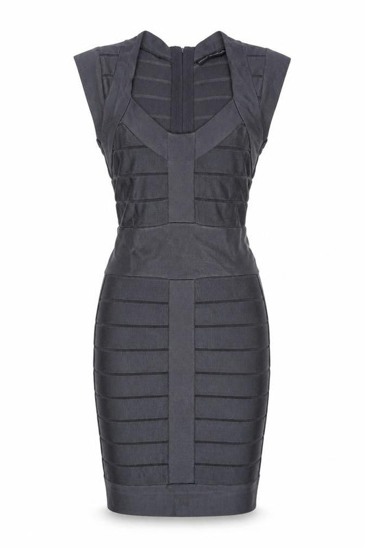 Front view of French Connection women’s grey viscose pencil dress, size UK 10, scoop neck zip