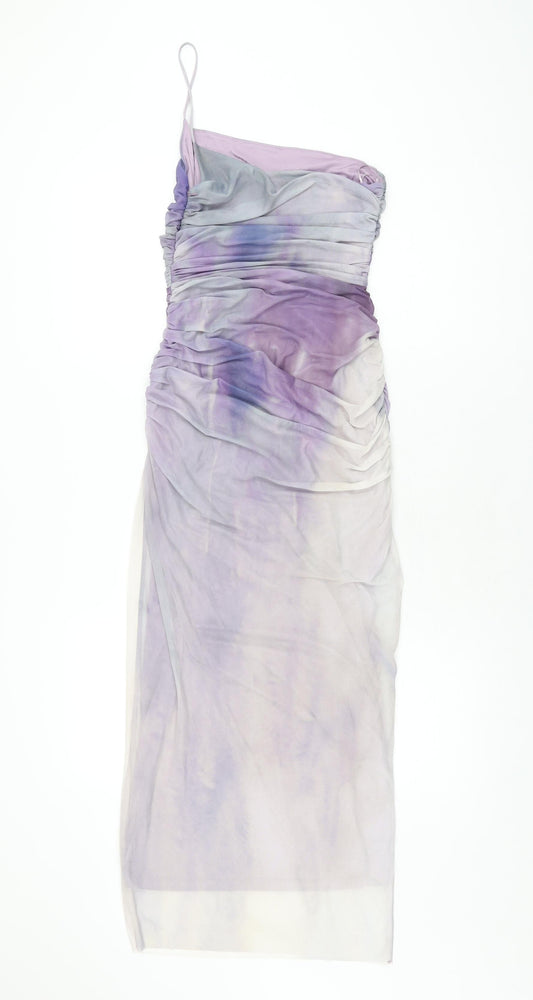 Zara Womens Purple Geometric Polyester Bodycon Size XS One Shoulder Zip