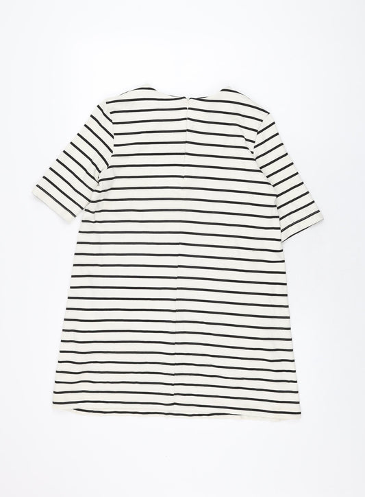 H&M Womens White Striped Viscose Shift Size S Round Neck Zip