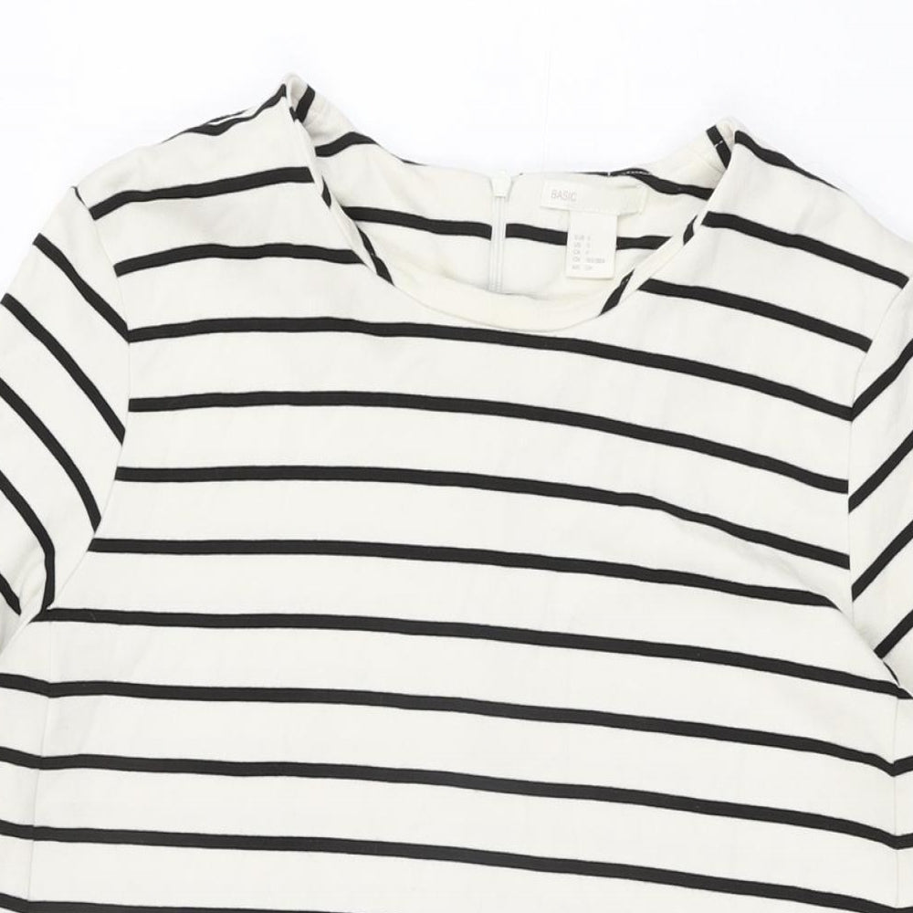 H&M Womens White Striped Viscose Shift Size S Round Neck Zip