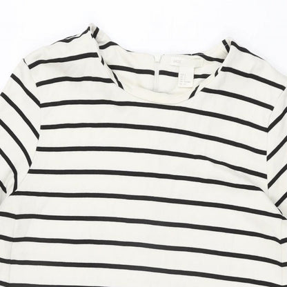 H&M Womens White Striped Viscose Shift Size S Round Neck Zip