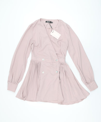 Missguided Womens Pink Polyester Skater Dress Size 4 V-Neck Button