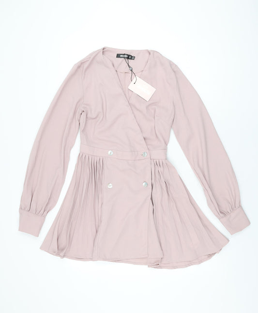 Missguided Womens Pink Polyester Skater Dress Size 4 V-Neck Button