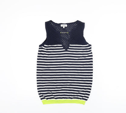 Odemai Womens Blue Striped Nylon Basic T-Shirt Size 6 V-Neck