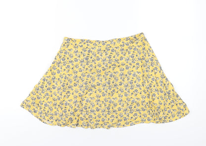 H&M Womens Yellow Floral Viscose A-Line Skirt Size 8 Button