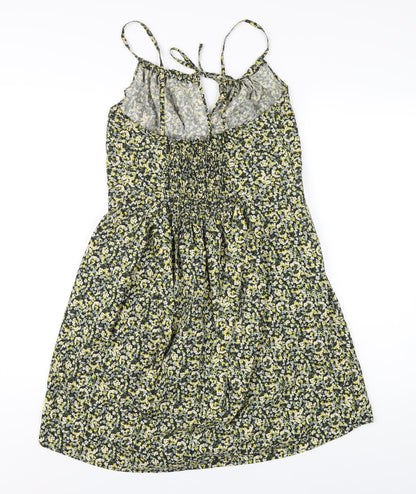 H&M Womens Yellow Floral Polyester A-Line Size M Round Neck Zip