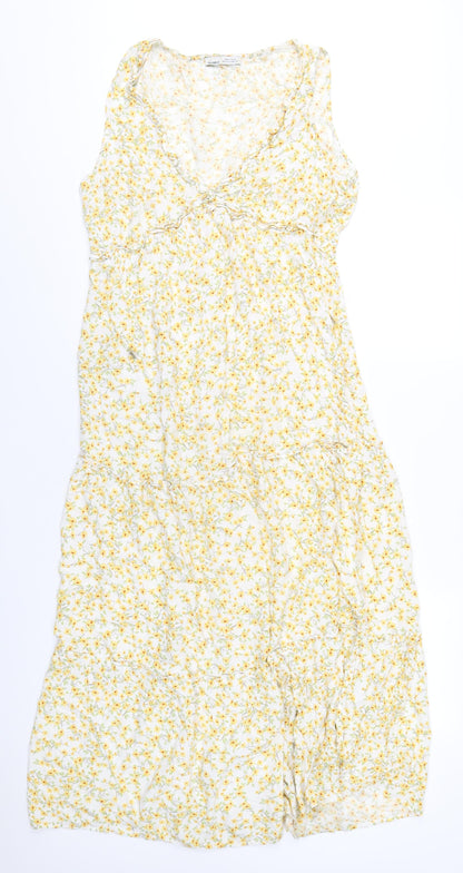 Pull&Bear Womens Yellow Floral Viscose Maxi Size M V-Neck Pullover