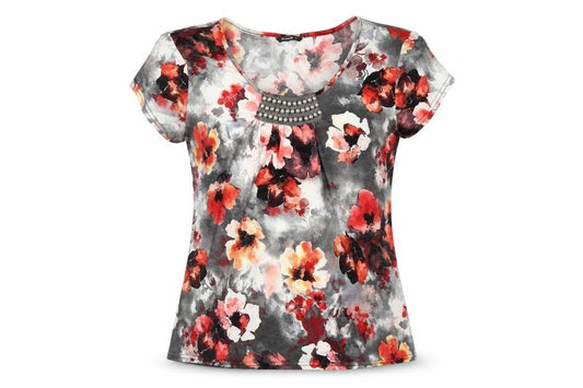 Front view of Roman women’s multicoloured floral polyester basic t-shirt, size UK 14, scoop neck