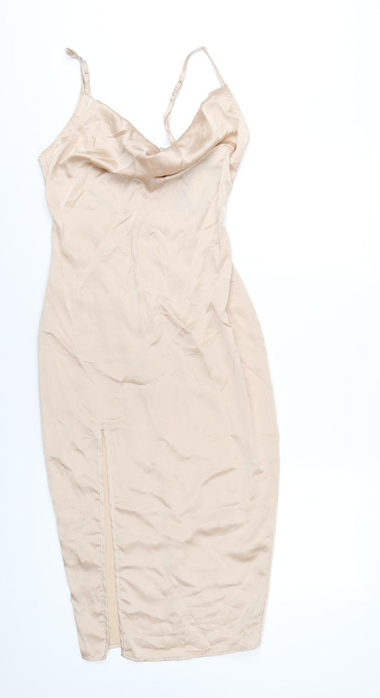 PRETTYLITTLETHING Womens Beige Polyester Bodycon Size 8 Cowl Neck Zip