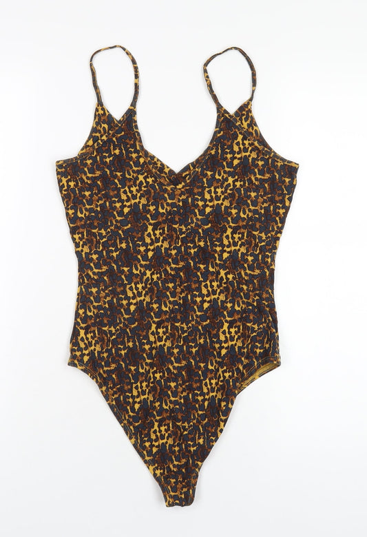 River Island Womens Brown Animal Print Cotton Bodysuit One-Piece Size 10 Snap