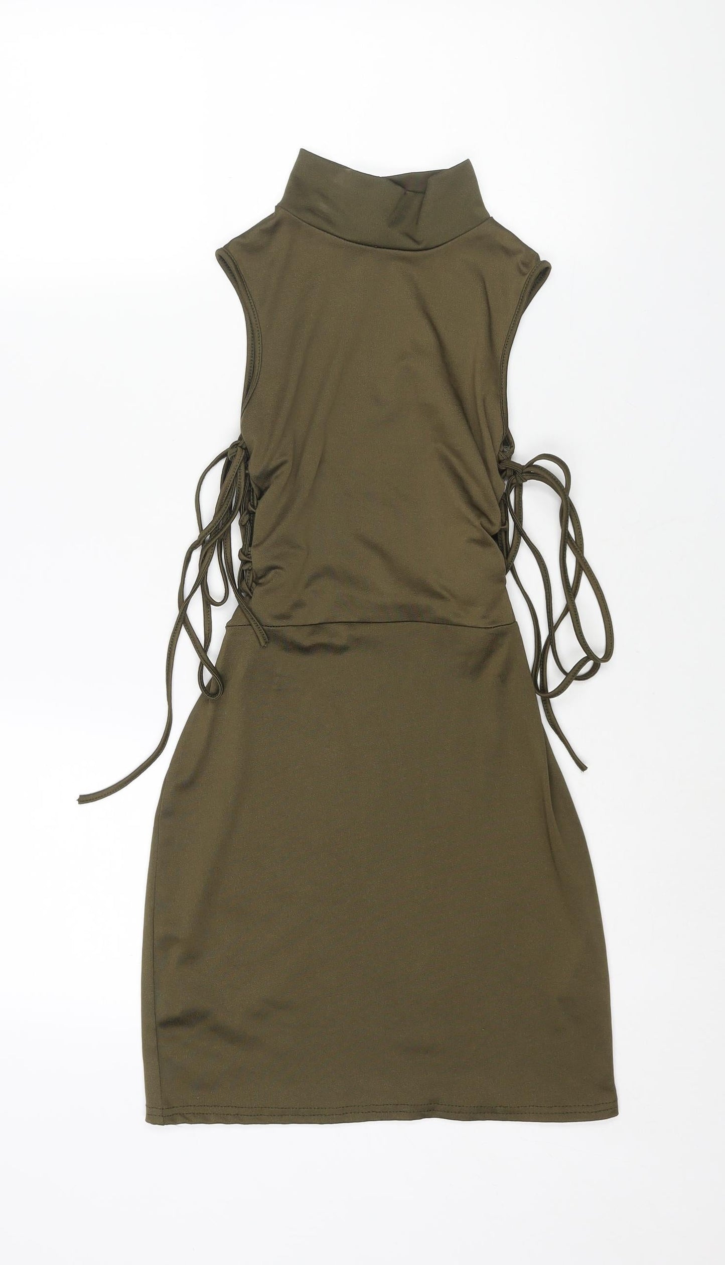 PRETTYLITTLETHING Womens Green Polyester Mini Size 8 Mock Neck Pullover - Lace Up Sides