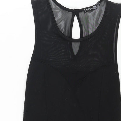Boohoo Womens Black Polyester Fit & Flare Size 12 Round Neck Button - Mesh Bodice Detail