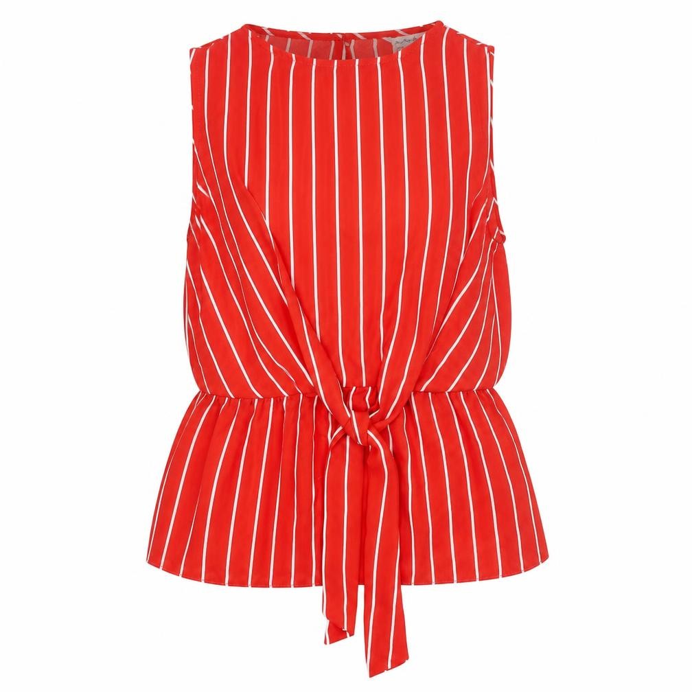 Front view of Miss Selfridge women’s red striped polyester camisole blouse, size UK 8, round neck - tie detail peplum