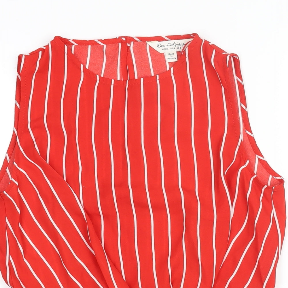 Miss Selfridge Womens Red Striped Polyester Camisole Blouse Size 8 Round Neck - Tie Detail Peplum