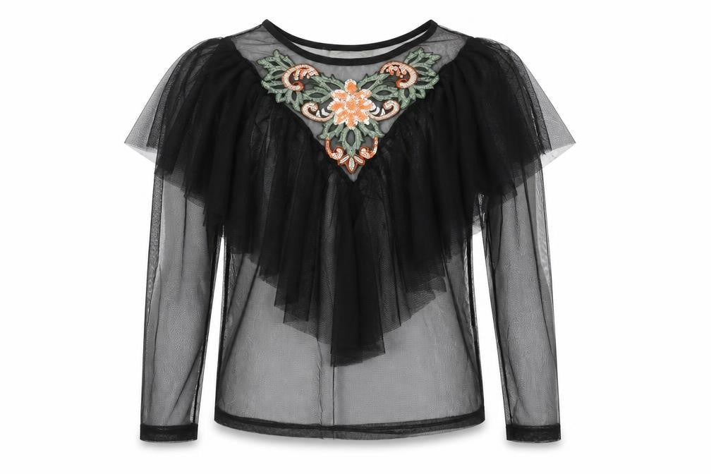 Twinkle Womens Black Polyester Basic Blouse Size S Round Neck - Semi Sheer Frill Floral Embroidery