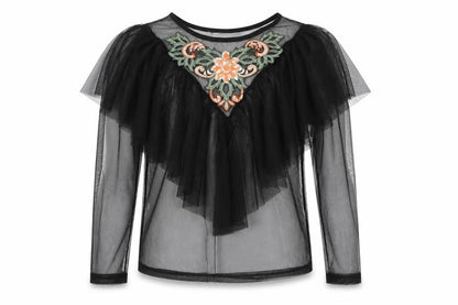 Twinkle Womens Black Polyester Basic Blouse Size S Round Neck - Semi Sheer Frill Floral Embroidery