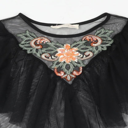 Twinkle Womens Black Polyester Basic Blouse Size S Round Neck - Semi Sheer Frill Floral Embroidery