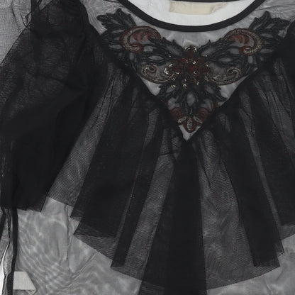 Twinkle Womens Black Polyester Basic Blouse Size S Round Neck - Semi Sheer Frill Floral Embroidery