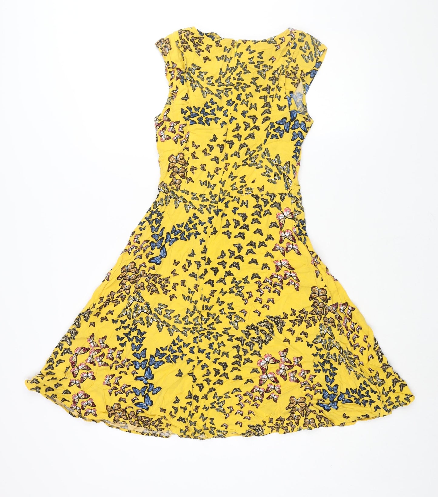 Oasis Womens Yellow Geometric Viscose Fit & Flare Size 8 Round Neck Zip - Butterfly Print