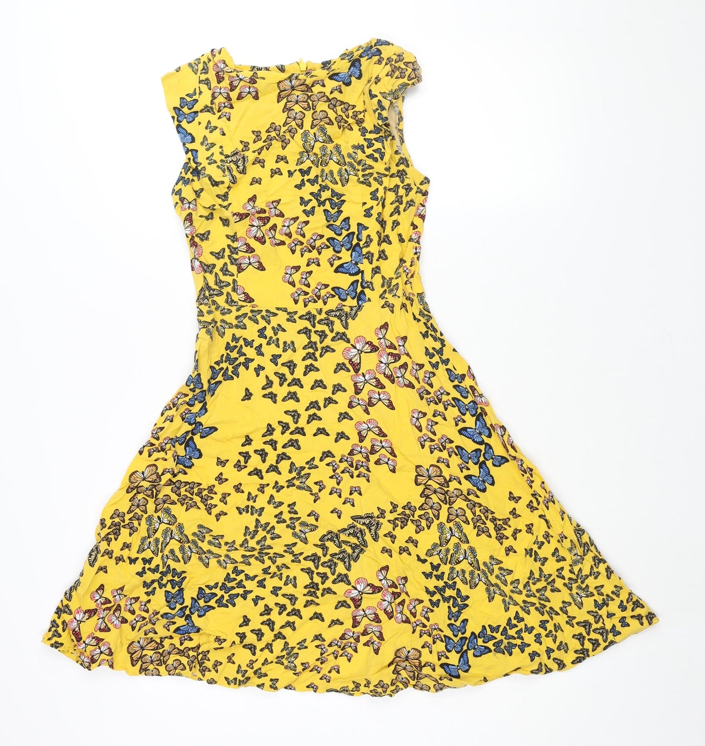 Oasis Womens Yellow Geometric Viscose Fit & Flare Size 8 Round Neck Zip - Butterfly Print