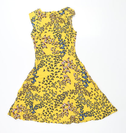 Oasis Womens Yellow Geometric Viscose Fit & Flare Size 8 Round Neck Zip - Butterfly Print