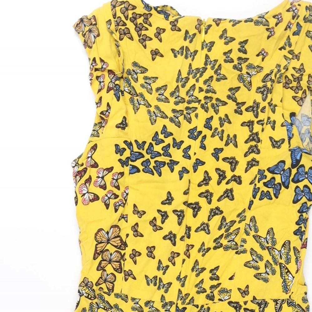 Oasis Womens Yellow Geometric Viscose Fit & Flare Size 8 Round Neck Zip - Butterfly Print