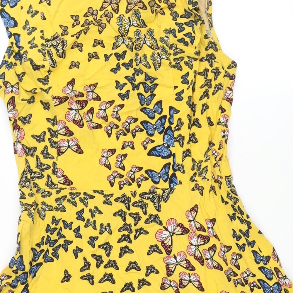 Oasis Womens Yellow Geometric Viscose Fit & Flare Size 8 Round Neck Zip - Butterfly Print